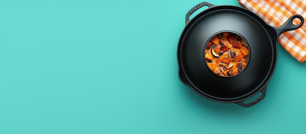 Foto van een sizzling pan met heerlijk eten binnen met kopieerruimte