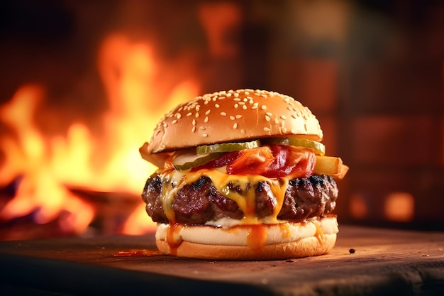 foto van een smakelijke hamburger op brand achtergrond
