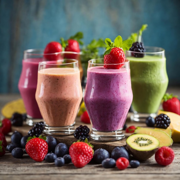 Foto van een smoothies op tafel met bosbessen en aardbeien