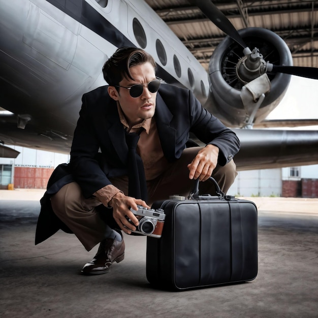 foto van een spion knappe man die een geheime baan doet met een vliegtuig op de achtergrond generatieve AI