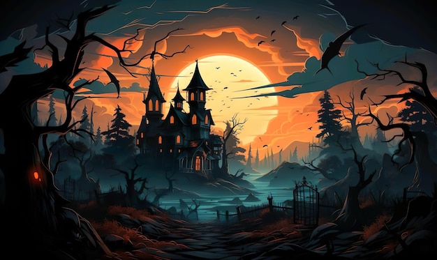 Foto van een spookachtig herenhuis getransformeerd voor een Spooky Halloween viering
