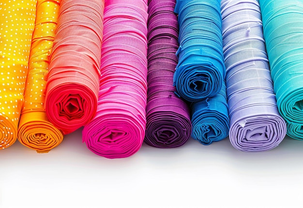 Foto van een stapel van verschillende kleuren kleding stof rollen textiel rollen winkel winkelrekken