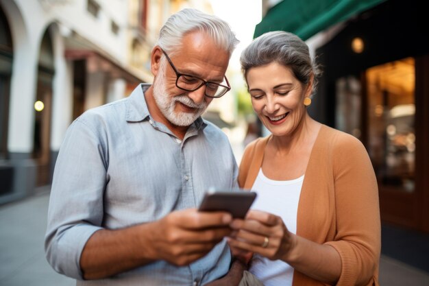 Foto van een stel mensen die internet, smartphones en mobiele telefoons gebruiken met een gelukkige