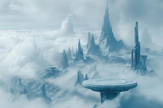 Foto van een stenen podium in een futuristisch sci-fi stadsbeeld