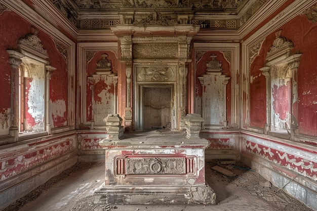 Foto van een stenen podium in een verlaten tempel