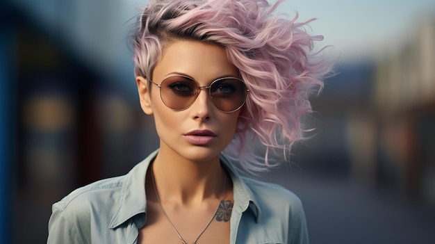 Foto van een stijlvolle trendy vrouw met roze haar in de stad