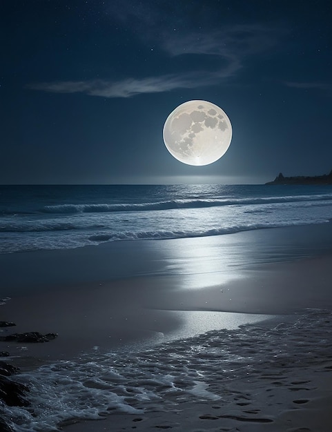 Foto van een strand bij nacht met een volle maan aan de hemel