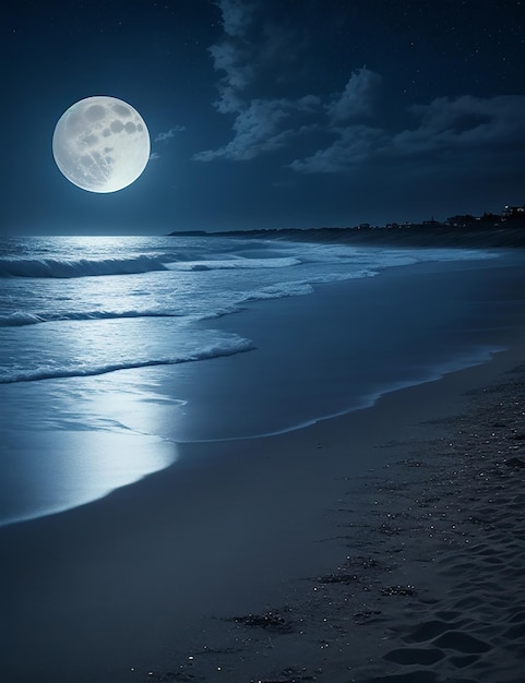 Foto van een strand bij nacht met een volle maan aan de hemel