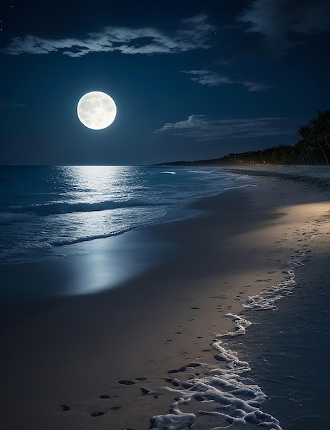 Foto van een strand bij nacht met een volle maan aan de hemel