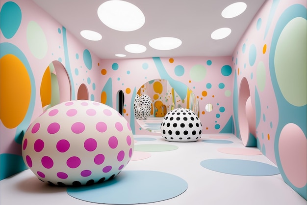 Foto van een surrealistisch dromerig museumdisplay met organische en geometrische vormen in pastelkleuren AI gegenereerd