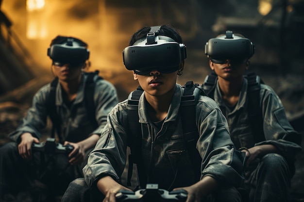 Foto van een team van drie soldaten Militaire VR-technologie Soldaten met een veiligheidsbril