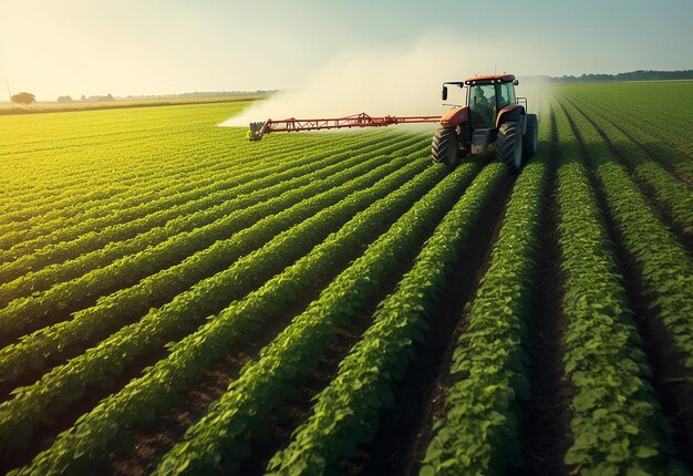 Foto foto van een tractor die bonentarwe spuit op het veld