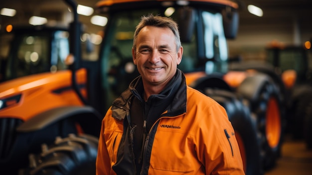 Foto van een tractorverkoper die in een fabriek staat en garantie geeft op onderdelen en service van landbouwmachines. Daglicht op een telelens