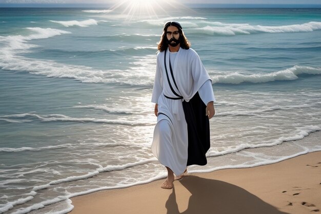 Foto foto van een traditionele goddelijke sereniteit jezus loopt langs het strand in het zonlicht