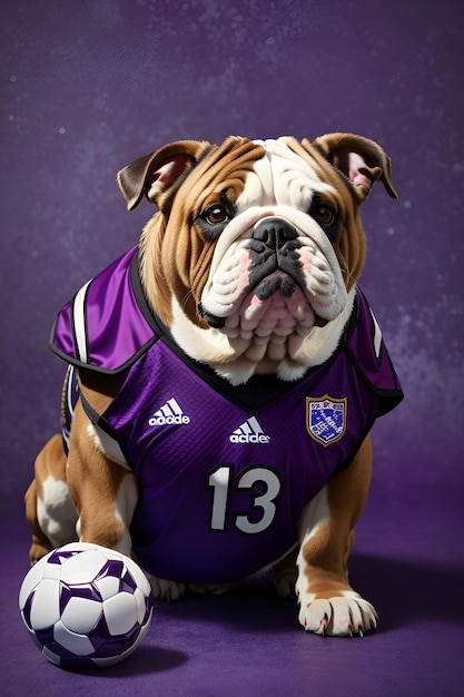 Foto van een trotse Engelse Bulldog in een diep paarse voetbalkleding