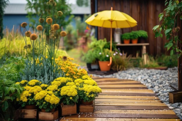 Foto van een tuin vol gele bloemen en tuinbenodigdheden Generatieve AI