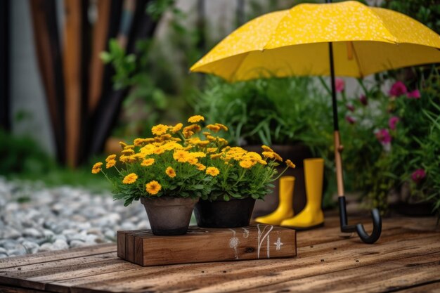 Foto van een tuin vol gele bloemen en tuinbenodigdheden Generatieve AI