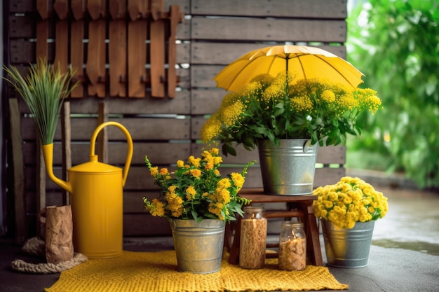 Foto van een tuin vol gele bloemen en tuinbenodigdheden Generatieve AI