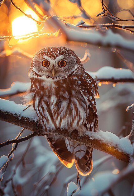 Foto foto van een uil die's nachts of's avonds op een met sneeuw bedekte tak in de sneeuw zit