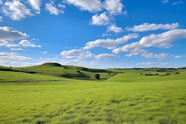 Foto foto van een uitgestrekt grasveld met een heldere blauwe hemel in th