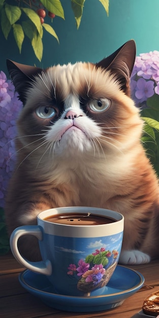 Foto van een verdrietige kat die koffie drinkt