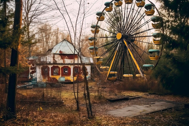 Foto van een verlaten, overgroeid pretpark