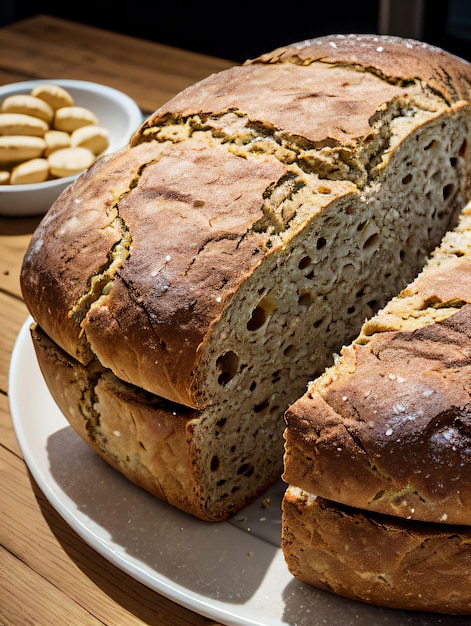 Foto van een vers brood gesneden op tafel