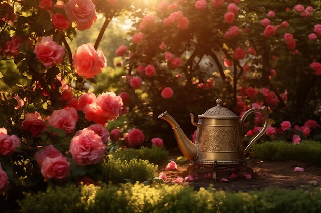 Foto van een vintage waterpot midden in bloeiende rozen Bloemtuin