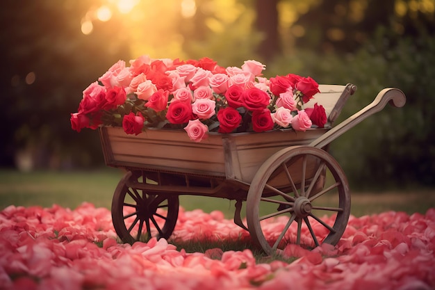 Foto van een vintage waterpot midden in bloeiende rozen Bloemtuin