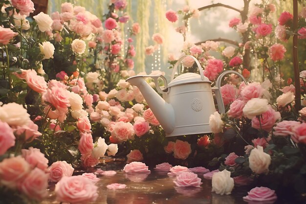 Foto van een vintage waterpot midden in bloeiende rozen Bloemtuin