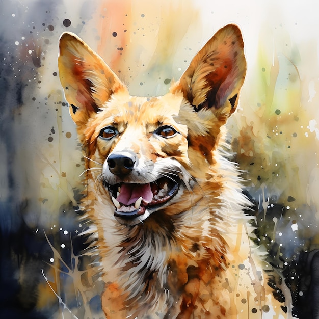 Foto van een vrolijk aquarelschilderij met een lachende hond