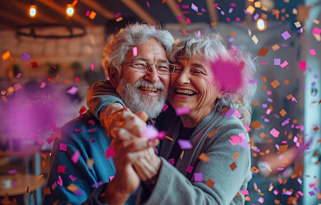 Foto van een vrolijk oudere echtpaar dat thuis in roze en paarse confetti danst