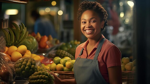 foto van een vrolijke Afro-Amerikaanse verkopervrouw die in een fruitwinkel werkt