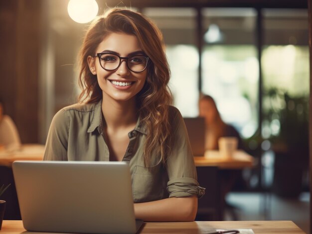 Foto van een vrolijke leuke vrouw die een laptop gebruikt Een mooie zakenvrouw die op een laptop tikt