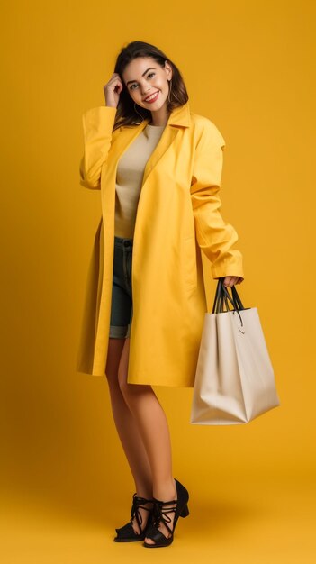 Foto van een vrouw blij met boodschappentas met gele achtergrond