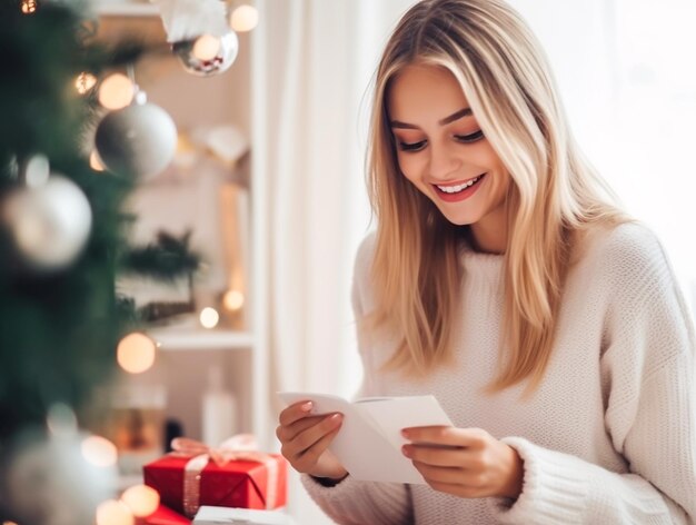 Foto van een vrouw die een boek leest met een glimlach op de bank en een trui draagt in de kerstkamer