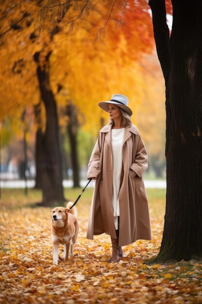 Foto van een vrouw die met haar hond wandelt in het park.