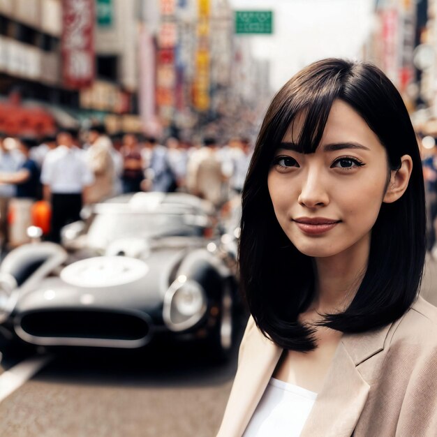 foto van een vrouw die naast een aangepaste auto staat en poseert generatieve AI
