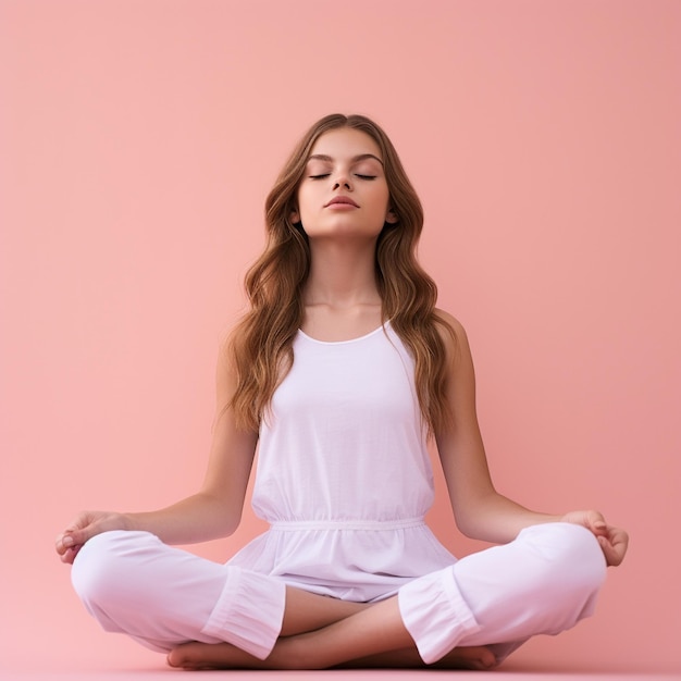 foto van een vrouw die yoga en meditatie doet voor een roze kleurenmuur