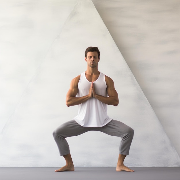 foto van een vrouw die yoga en meditatie doet voor een witte kleurenmuur