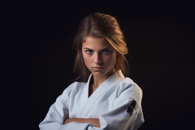 Foto foto van een vrouw in judo in een studio, foto van hoge kwaliteit.