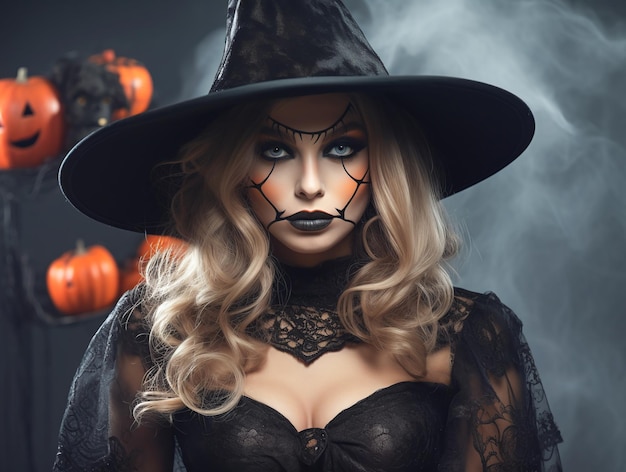 Foto foto van een vrouw met een heksenkostuum voor halloween
