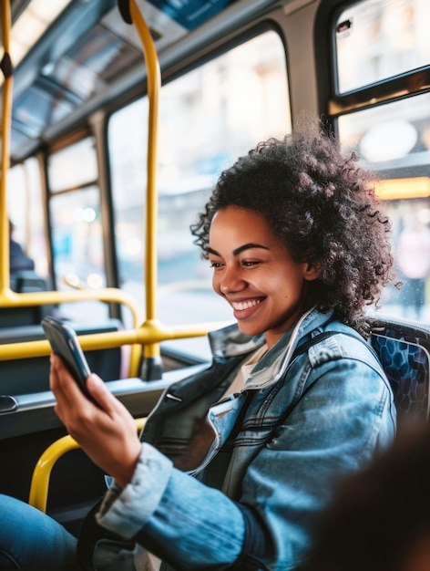 Foto van een vrouw met een smartphone in de bus