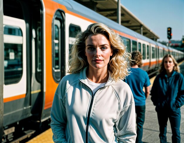 foto van een vrouw van middelbare leeftijd met een sportpak die voor een metrostation staat
