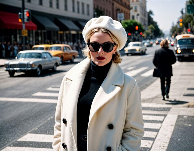 Foto van een vrouw van middelbare leeftijd met een witte turtleneck en jas en baret die voor een drukke menigte staat op een voetgangers oversteek.