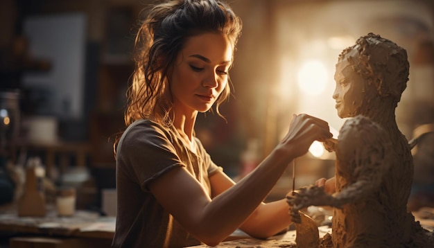 Foto van een vrouwelijke beeldhouwer die hartstochtelijk aan een meesterwerk werkt in haar atelier