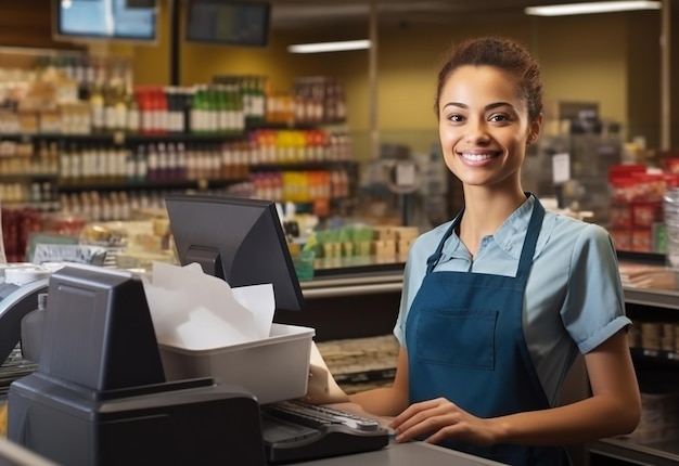 Foto van een vrouwelijke, schattige kassier in de supermarkt met een schattige glimlach en die de klanten helpt