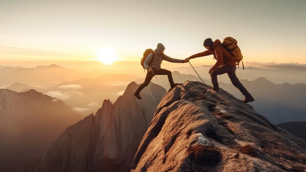 Foto van een wandelaar die een vriend helpt de top van de berg te bereiken Hulp of teamwerkconcept