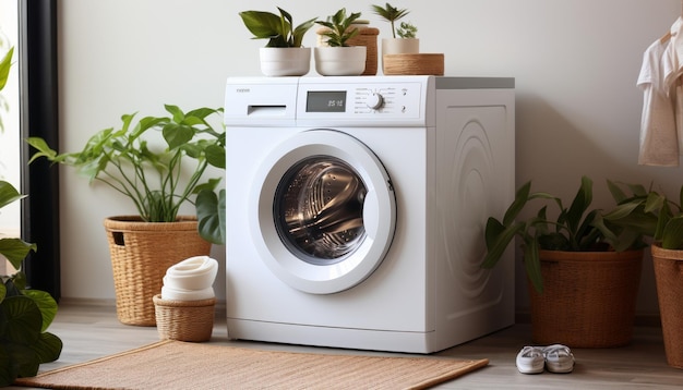 foto van een wasmachine in een witte lege kamer