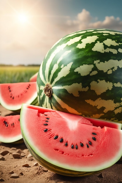 Foto foto van een watermeloen die aan een landbouwgrond is bevestigd met een wazige achtergrond